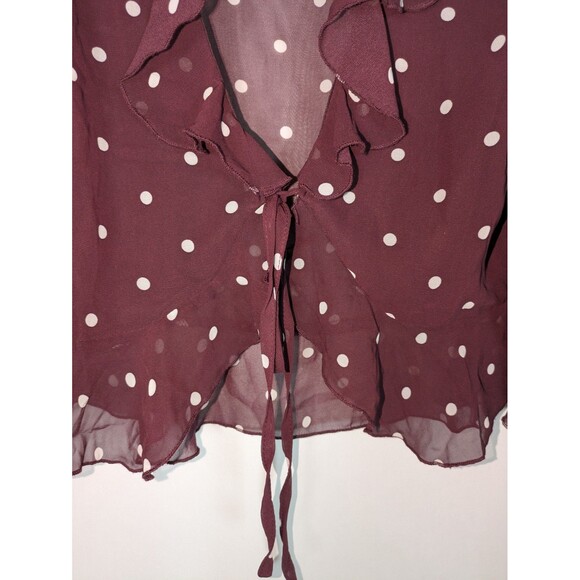 Mandee Blouse M Women's Purple Polka Dot Vneck Tie Front Sheer Ruffles Girly - Picture 2 of 6